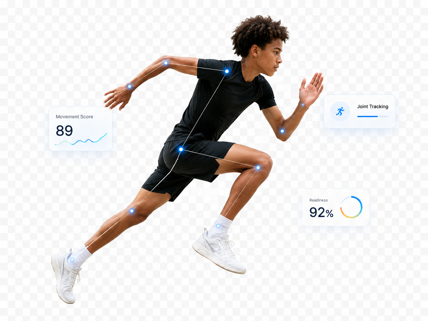 Athlete mid-stride with live Movement Score, Joint Tracking, and Readiness signals — the body feedback JL Pulse delivers