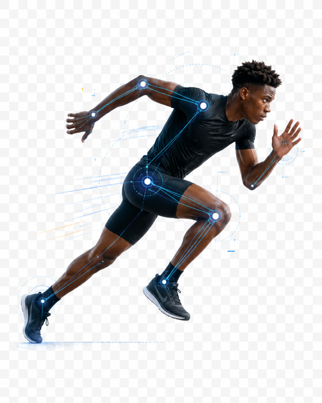 Sprinter at full drive with joint-tracking overlay — the mechanics JL Speed trains