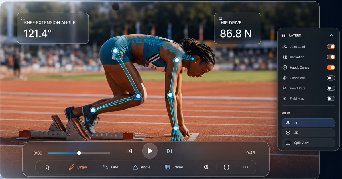 JL Vision movement analysis interface — joint overlays, metrics, timeline, and coaching tools