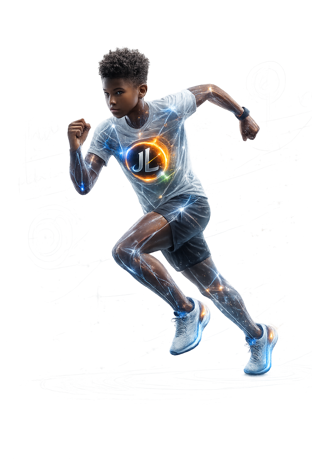 Young athlete running with JL Influence neural network visualization — every joint glowing, every rep a signal